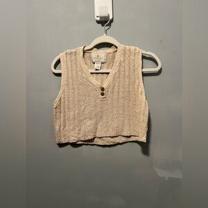 Express Tricot Cropped Ribbed Knit Tank in Beige with Button V-Neck - 80% silk